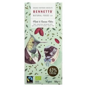 Bennetto Organic Dark Chocolate Mint & Cocoa Nibs (63% Cocoa) 100g